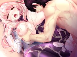 1boy areolae blush breast_grab breast_sucking breasts breasts_out censored chikubi_(artist) clothed_female_nude_male clothing cum cum_on_body cum_on_breasts cum_on_clothes cum_on_hair cum_on_lower_body cum_on_upper_body facial female game_cg haramase_saimin_kan_jk_to_zetsurin_kimo_oyaji highres huge_breasts kusarou labcoat lactation legs long_hair lying milk mosaic_censoring nipples no_panties open_mouth pantyhose penetration penis pink_hair pussy sex spread_legs straight sweater_dress tears thighs torn_pantyhose vaginal_penetration yellow_eyes zion_(company)