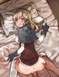 1boy anus ass bangs blonde_hair blush breasts censored clothed_sex clothing female from_behind gloves long_hair looking_back nipples no_panties open_mouth penetration penis pussy saliva sex thighhighs tongue tree_of_savior vaginal_penetration wizard