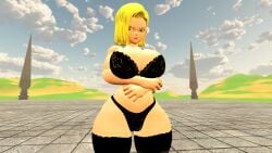 1girls 3d android_18 black_bra black_panties black_underwear blonde_hair bra bra_only breasts breasts dragon_ball female female_only female_solo panties panties_only short_hair solo solo_female solo_only thhypercombine12 thighhighs underwear underwear_only