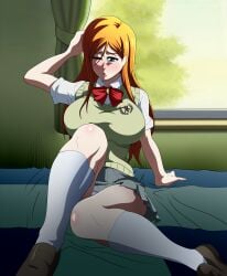 about_to_burst anime_style auburn_hair bedroom big_breasts bleach breasts bursting_breasts button_down_shirt button_gap buttons cleavage color colored doujin doujin_cover doujinshi gray_eyes huge_breasts inoue_orihime large_breasts lingerie nipples_visible_through_clothing oldhorrorz open_clothes open_shirt open_uniform orange_hair panties room school_uniform schoolgirl sitting undersized_clothes uniform