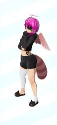 1female bandage clothing flower inkie_(inkierose) inkierose_(inkierose) pink_hair plain_background raccoon_tail slippers tagme tattoo wings