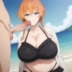 1boy 1girls ai_generated beach big_breasts bikini black_bikini blue_eyes breasts date_a_live female female_focus huge_breasts imminent_fellatio large_breasts orange_hair penis smiling yamai_yuzuru