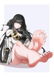 1girls bare_legs black_eyes black_hair bottomless clothed feet female foot_fetish foot_focus long_hair medium_breasts panties punishing:_gray_raven qu_(artist) qu_(punishing:_gray_raven) robot_girl soles toes