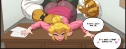 2024 alternate_costume blonde_hair blue_eyes bowser breasts breasts_out comic comic_page mario_(series) office office_clothing office_lady pantyhose princess_peach rizdraws underwear