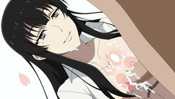 areolae black_eyes black_hair breast_squeeze breasts censored cum cum_on_body cum_on_breasts cum_on_upper_body facial female highres kujou_sakurako_(sakurako) large_breasts long_hair looking_at_another mole mosaic_censoring nipples no_bra open_clothes paizuri penis petals sakurako-san_no_ashimoto_ni_wa_shitai_ga_umatteiru simple_background smile