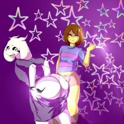 1boy 1other ambiguous_gender anthro anthro_on_human asriel_dreemurr asriel_dreemurr_(god_form) brown_hair frisk frisk_(undertale) goat_tail holding holding_knife holding_object holding_weapon knife looking_at_another purple_background purple_panties rifray star_background taking_clothes_off weapon white_fur white_horn yellow_skin