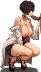 1girls bare_shoulders big_breasts black_hair blowjob breasts breasts_out choker coat covered_ears dark-skinned_male dress dripping dripping_pussy fellatio fingering half-closed_eyes high_heels hot interracial masturbating_during_fellatio masturbation megami_tensei necklace nipples painted_nails painted_toenails pants persona persona_5 pussy_juice pussy_juice_drip saliva short_hair sloppy sloppy_blowjob spaghetti_strap squatting tae_takemi tagme unzipped_pants wet_floor xiiicaelum