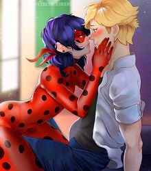 1boy 1boy1girl 1girls adrien_agreste adrienette blonde_hair blush bodysuit female fully_clothed imminent_kiss kirani ladrien ladybug_(character) light-skinned_female light-skinned_male light_skin male male/female marinette_cheng marinette_dupain-cheng miraculous_ladybug seductive seductive_look superhero_costume superheroine voluptuous