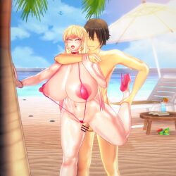 1boy 1girls areola_slip areolae balls beach beach_sex big_breasts big_thighs bikini blush breasts busty censor_bar dvgvss female high_heels huge_breasts huge_thighs koikatsu large_breasts large_thighs male navel penis sling_bikini slingshot_swimsuit swimsuit thick_thighs thighs tongue_out