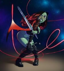 embarrassed gamora gao23 green_skin guardians_of_the_galaxy holding_sword marvel marvel_cinematic_universe marvel_comics no_panties no_underwear pants_down red_hair