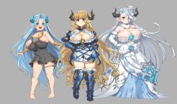 3girls alternate_body_type alternate_breast_size areola_slip areolae armor armored_boots armored_gloves bare_legs blonde_hair blue_eyes blue_hair blush boots brown_eyes bursting_breasts closed_eyes clothing detached_collar detached_sleeves draph draph_race_(granblue_fantasy) dress female female_only full_body gloves granblue_fantasy grey_background hair_between_eyes hair_over_one_eye hat headwear horns izmir_(granblue_fantasy) long_hair looking_at_viewer lyria_(granblue_fantasy) multiple_girls nipple_bulge nipple_slip nipples nipples_visible_through_clothing obui pointy_ears razia razia_(granblue_fantasy) simple_background smile standing thigh_boots v-shaped_eyebrows very_long_hair white_hair