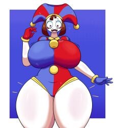 big_breasts breasts cleavage female huge_breasts jester jester_hat jester_outfit pomni pomni_(the_amazing_digital_circus) shinyillusionz shocked shocked_expression tagme the_amazing_digital_circus thick_thighs wide_hips