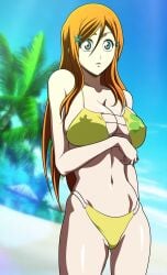 anime_style auburn_hair beach beach_background big_breasts bikini bikini_bottom bikini_top bleach breasts cleavage color colored doujin doujin_cover gray_eyes huge_breasts inoue_orihime large_breasts lingerie nipples nipples_visible_through_clothing oldhorrorz orange_hair panties