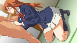 blush breasts censored clothed_female_nude_male feet fellatio female green_eyes gundam gundam_build_fighters gundam_build_fighters_try highres huge_breasts human kamiki_mirai kneeling kunifuto legs long_hair male mosaic_censoring no_shoes oral orange_hair penis school_uniform skirt socks solo_focus standing straight sweat thighs trembling