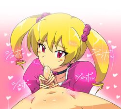 airu_suzaki artist_request blonde_hair digimon digimon_xros_wars female looking_at_viewer oral penis straight sweat tied_hair twintails