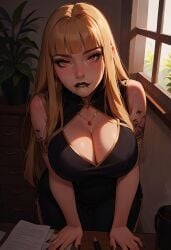 ai_generated bent_over big_breasts blonde_hair blush chinese_clothes chinese_dress choker civitai eyeliner freckles goth goth_futa goth_girl hi_res high_resolution highres hime_cut horny office pleasure_face red_eyes sarcos_ seductive seductive_look seductive_smile serena(original) sweat tattoo