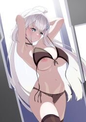 1girls areola belly_button black_bra black_panties blue_eyes blush bra breasts ember_amane eyebrows_visible_through_hair female female_only hair_ornament huge_breasts indoors light-skinned_female light_skin nipple panties phase_connect phase_invaders room solo sr_4950 virtual_youtuber white_hair