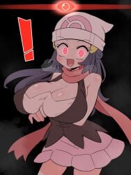 ! 1girls absurdres alpha_pokémon alpha_pokemon alternate_breast_size beanie breasts cleavage cowboy_shot dawn_(pokemon) game_freak glowing glowing_eyes hat heavy_breathing highres human jpeg kurachi_mizuki large_breasts long_hair looking_at_viewer nintendo open_mouth pink_skirt pokemon pokemon_dppt pokemon_legends:_arceus red_scarf scarf skirt solo sweat