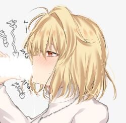 arcueid_brunestud blonde_hair blowjob blush censored commentary_request cum cum_on_body dainatsu facial fellatio female handjob jewelry licking oral pendant red_eyes short_hair simple_background solo sweater tsukihime tsukihime_(remake) upper_body white_background white_sweater