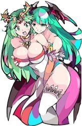 2girls bat_wings big_breasts breasts clothing crossover darkstalkers empe0317 enpe feet_out_of_frame female female_only fingering fingering_through_clothes fondling goddess grabbing_breasts grabbing_from_behind green_eyes green_hair hand_on_breast head_wings huge_breasts kid_icarus kid_icarus_uprising large_breasts leotard long_hair morrigan_aensland multiple_girls nintendo no_bra palutena single_thighhigh stockings succubus surprised sweatdrop thick_thighs tiara wings yuri