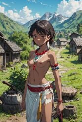 ai_generated black_hair dark-skinned_female female girl indigenous mountain petite skinny small_breasts topless tribal tribal_clothing tribal_jewelry village