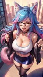 ai_generated bare_shoulders big_breasts big_smile breasts building buildings choker city city_background cityscape cleavage collarbone cute day daytime firm_breasts from_above glasses hourglass_figure jacket jacket_open large_breasts legs_together miniskirt navel navel_piercing one_eye_closed open_mouth round_breasts seducing seduction seductive seductive_body seductive_eyes seductive_gaze seductive_look seductive_mouth seductive_pose seductive_smile silvervale skirt sky sky4maleja smile tail tank_top thick_thighs thighhighs tongue_out virtual_youtuber vtuber waist