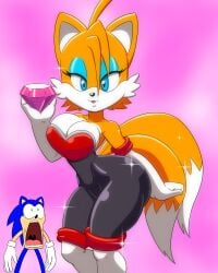 1boy1girl 2021 2021s 2_tails 4:5 alternate_costume anthro armwear big_breasts biped black_nose blue_eyes blue_eyeshadow blue_fur breastplate breasts chaos_emerald cleavage clothed clothing cosplay digital_media_(artwork) dipstick_tail duo female furry furry_female furry_male genderswap_(mtf) gloves green_eyes hi_res looking_at_viewer makeup male markings mtf_crossgender multi_tail multicolored_tail open_mouth pink_background portrait rouge_the_bat_(cosplay) rule63 rule_63 sega shaded simple_background sonic_(series) sonic_the_hedgehog sonic_the_hedgehog_(series) standing tail tail_markings tails tails_the_fox tailsko tansau three-quarter_portrait white_body white_fur wide_hips yellow_body yellow_fur