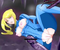 anus areola blonde_hair blue_eyes bodysuit breasts breasts_cutout censored crotch_cutout female human kotatsu_mikan lips male metroid nintendo nipples penis pussy ripped_clothes ripped_clothing samus_aran straight torn_clothes torn_clothing zero_suit zero_suit_samus