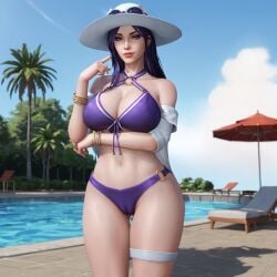 1girls 3d 3d_(artwork) ai_generated big_breasts bracelet caitlyn_kiramman cameltoe crossed_arms female league_of_legends light-skinned_female looking_at_viewer pale_skin pointing pool pool_party_caitlyn pool_party_series poolside purple_hair riot_games seductive smile thick_thighs thighs voluptuous voluptuous_female