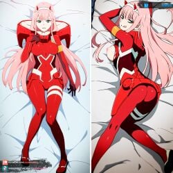 ai_generated big_ass big_breasts curvy dakimakura_design darling_in_the_franxx green_eyes horns juanpi_amvs laying_down laying_on_bed long_hair patreon patreon_username pink_hair red_eyeliner red_horns subscribestar subscribestar_username uniform watermark zero_two_(darling_in_the_franxx)