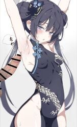 absurdres armpit_focus armpits arms_up bar_censor bare_arms bare_shoulders black_dress black_hair blue_archive blunt_bangs blush breasts bun_with_braided_base butterfly_hair_ornament censored china_dress chinese_clothes covered_navel covered_nipples cum cum_on_armpits cum_on_body double_bun dragon_print dress erection female grey_eyes grey_halo hair_between_eyes hair_bun hair_ornament halo highres kisaki_(blue_archive) large_penis long_hair looking_at_penis no_bra no_panties open_mouth pelvic_curtain penis presenting_armpit print_dress side_slit sideboob simple_background sleeveless sleeveless_dress small_breasts solo_focus spread_armpit steam sweat sweaty_armpits thighs twintails white_background yamamoto_seishiro