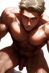 1boy abs ai_generated armpit_hair bara brown_eyes completely_nude cum erection goldenfieldszho jujutsu_kaisen kento_nanami large_pectorals looking_at_viewer male_focus male_pubic_hair muscular muscular_male navel nipples nude pectorals penis pubic_hair seductive_smile short_hair smile solo sweat testicles thick_thighs thighs uncensored