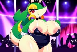 ai_generated anthro areola areola_slip being_watched big_breasts blush bow_tie breasts bunny_costume clothed clothing costume crowd curvy_figure domestic_cat fake_ears fake_rabbit_ears felid feline felis female generation_5_pokemon green_body group hellsonger hi_res huge_breasts leotard looking_at_viewer mammal nintendo nipples pokemon pokemon_(species) pole pole_dancing red_eyes reptile scalie silhouette smile snivy solo_focus stage strip_club stripper stripper_pole thick_thighs voluptuous wide_hips