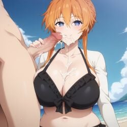 1boy 1girls after_fellatio ai_generated beach big_breasts bikini black_bikini blue_eyes breasts date_a_live female female_focus huge_breasts large_breasts looking_pleasured orange_hair penis yamai_yuzuru