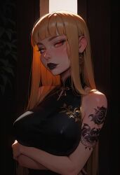 ai_generated bent_over big_breasts blonde_hair blush chinese_clothes chinese_dress choker civitai eyeliner freckles goth goth_futa goth_girl hi_res high_resolution highres hime_cut horny office pleasure_face red_eyes sarcos_ seductive seductive_look seductive_smile serena(original) sweat tattoo