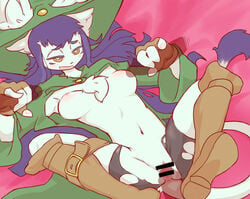 1girls 3boys amboyna annabelle_(amboyna) boots censored feline female footjob furry gangbang green_eyes hat long_hair male multiple_boys open_mouth penis purple_hair pussy sex straight torn_clothing