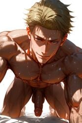 1boy abs ai_generated all_fours bara blonde_hair closed_mouth completely_nude erection goldenfieldszho jujutsu_kaisen kento_nanami large_pectorals looking_at_viewer male_focus male_pubic_hair muscular muscular_male navel nipples nude pectorals penis precum pubic_hair short_hair smile solo sweat testicles thighs uncensored