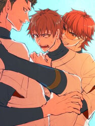 3boys ace_of_diamond anal baseball_uniform blush brown_hair glasses kuramochi_youichi male_only miyuki_kazuya multiple_boys naughty_face rape restrained sawamura_eijun short_hair sportswear sweat tagme yaoi