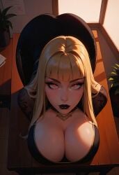 ai_generated bent_over big_ass big_breasts blonde_hair blush chinese_clothes chinese_dress choker civitai eyeliner freckles goth goth_futa goth_girl hi_res high_resolution highres hime_cut horny office pleasure_face red_eyes sarcos_ seductive seductive_look seductive_smile serena(original) sweat tattoo