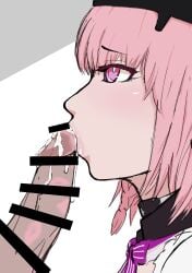 ayla_(punishing:_gray_raven) censored clothed cum cum_in_mouth fellatio medium_hair oral penis pink_eyes pink_hair punishing:_gray_raven robot_girl