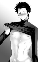 ace_of_diamond after_sex blush looking_at_viewer male male_only monochrome nipples sanada_shunpei solo undressing