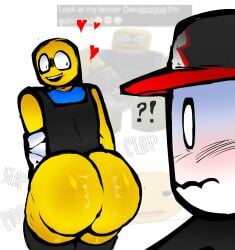 2boys artist_request ass big_ass blush clapping_cheeks guest_(roblox) huge_ass imminent_sex joke male_only noob roblox roblox_game robloxian sawnoob shocked_expression smile source_request the_robloxia:_until_dawn