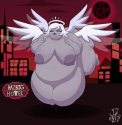 angel angel_wings bbw emily_(hazbin_hotel) hazbin_hotel how_is_she_flying massive_belly mister_mope morbidly_obese morbidly_obese_female obese obese_female struggling weight_gain wings