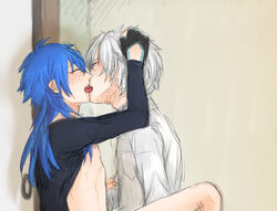 blue_hair blush clear_(dramatical_murder) closed_eyes dramatical_murder drooling hand_in_hair kissing long_hair nitro+_chiral seragaki_aoba short_hair white_hair yaoi