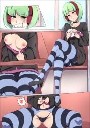 1girls asking_for_it breasts_out comic comic_page crotch_cutout crotchless_pantyhose flashing gesture green_eyes green_hair headphones heart_symbol heels multiple_views penetration_gesture phone phonon presenting sex_gesture shirt_pull shymiruku sitting spread_legs striped_legwear teasing under_night_in-birth