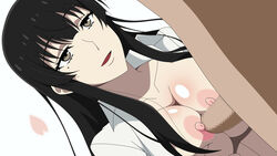 areolae black_eyes black_hair breast_squeeze breasts censored female highres kujou_sakurako_(sakurako) large_breasts long_hair looking_at_another mole mosaic_censoring nipples no_bra open_clothes paizuri penis petals sakurako-san_no_ashimoto_ni_wa_shitai_ga_umatteiru simple_background smile