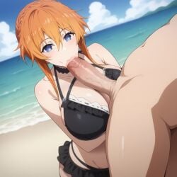 1boy 1girls ai_generated beach big_breasts bikini black_bikini blue_eyes breasts date_a_live fellatio female female_focus huge_breasts large_breasts looking_pleasured orange_hair penis yamai_yuzuru