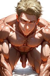 1boy abs ai_generated all_fours bara blonde_hair completely_nude cum erection goldenfieldszho green_hair jujutsu_kaisen kento_nanami large_pectorals looking_at_viewer male_focus male_pubic_hair muscular muscular_male navel nipples nude on_bed pectorals penis pubic_hair short_hair smile solo sweat testicles thick_thighs thighs uncensored