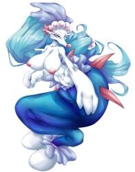 absurd_res areola big_breasts blue_eyes blue_hair breasts female generation_7_pokemon genitals hair hi_res long_hair looking_at_viewer mammal marine nintendo nipples no_humans nude pinniped pokemon pokemon_(species) primarina pussy simple_background solo suddenhack white_body