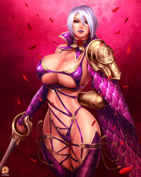 armor blue_eyes breasts cape choker cleavage clothing cosplay crossover curvy female hips isabella_valentine large_breasts league_of_legends legs lips purple_hair rapier short_hair solo soul_calibur svoidist thighs thunder_thighs